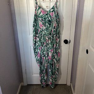 Tropical Wide Leg Spaghetti Strap Jumpsuit with Waist Tie- Size 4X